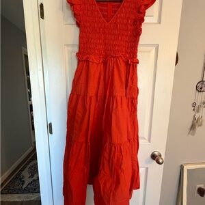 Red Smocked Tiered Maxi Dress